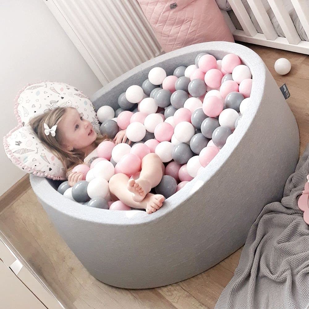 KiddyMoon 90X30cm/200 Bolas Piscina De Bolas ∅ 7Cm para Ninos Cuarto Angular Hecha En La UE, Grisclr:Blanco/Gris/Rosa Clr