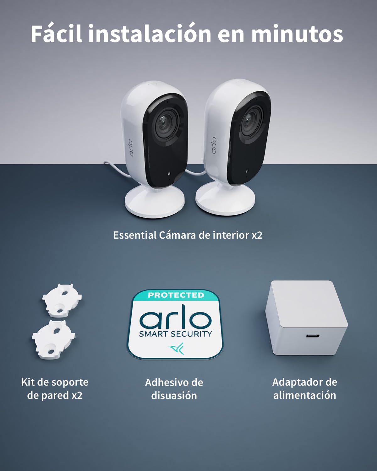Arlo Essential 2 Indoor Camara Vigilancia Bebe/Mascotas 2K, Sensor de Movimiento, Alarmas Para Casa, Visión Nocturna, Prueba Arlo Secure Incluida, con cubierta de lente automática, 2 Cámaras, Blancas