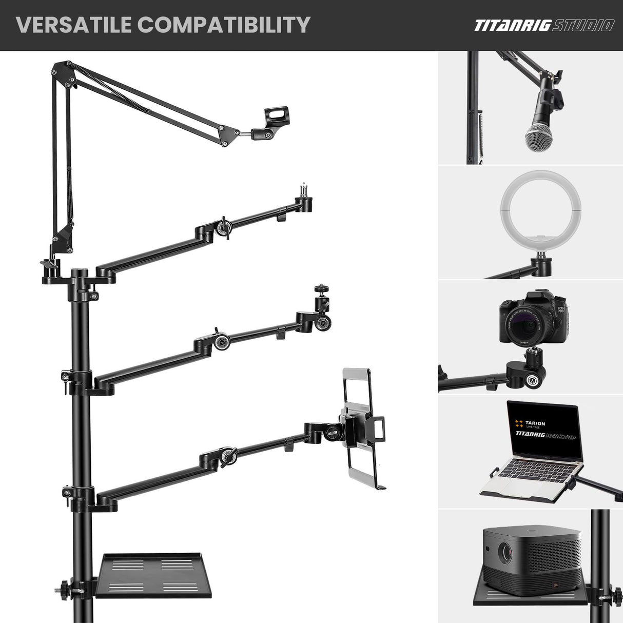 TARION Soporte Camara Mesa Brazo: Soporte para Camara de Escritorio Flexible Overhead Camera Mount Rig Fotografia con Brazo Articulado para Luz de Anillo Micrófono Video Titanrig(Conjunto de Pasillo)