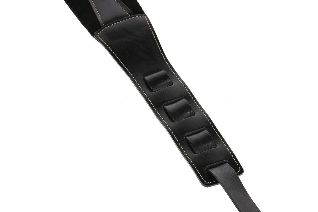 GEWA Correa para guitarra serie Prestige, cuero auténtico, ancho 85 mm, largo 103-139 cm, cierres de seguridad cromados, negro/negro, 1 par de cierres de seguridad F&S incluidos
