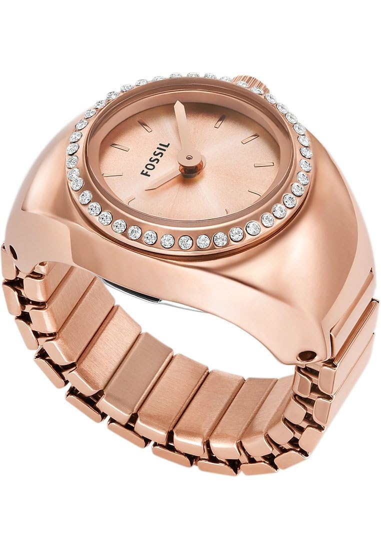 Fossil Reloj Ring para Mujer, Movimiento de Cuarzo a Dos Agujas con Correa de Acero Inoxidable, Oro Rosa y Purpurina