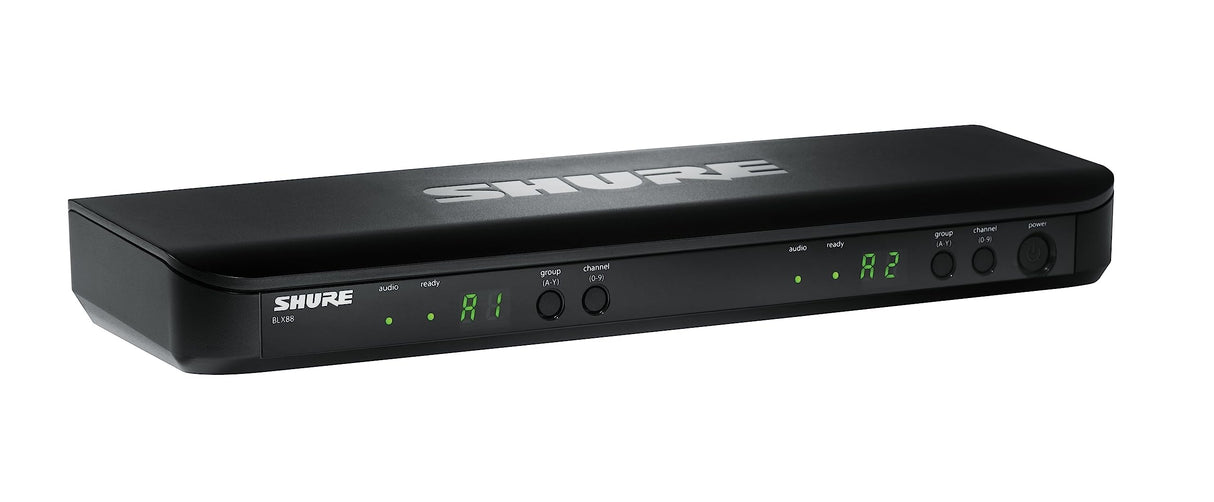 Micrófono inalámbrico Shure BLX188/W85 UHF - Adecuado para oradores y artistas - Batería dura 14 horas, alcance de 100m - Incluye (2) micrófonos de solapa y receptor de doble canal - Banda T11