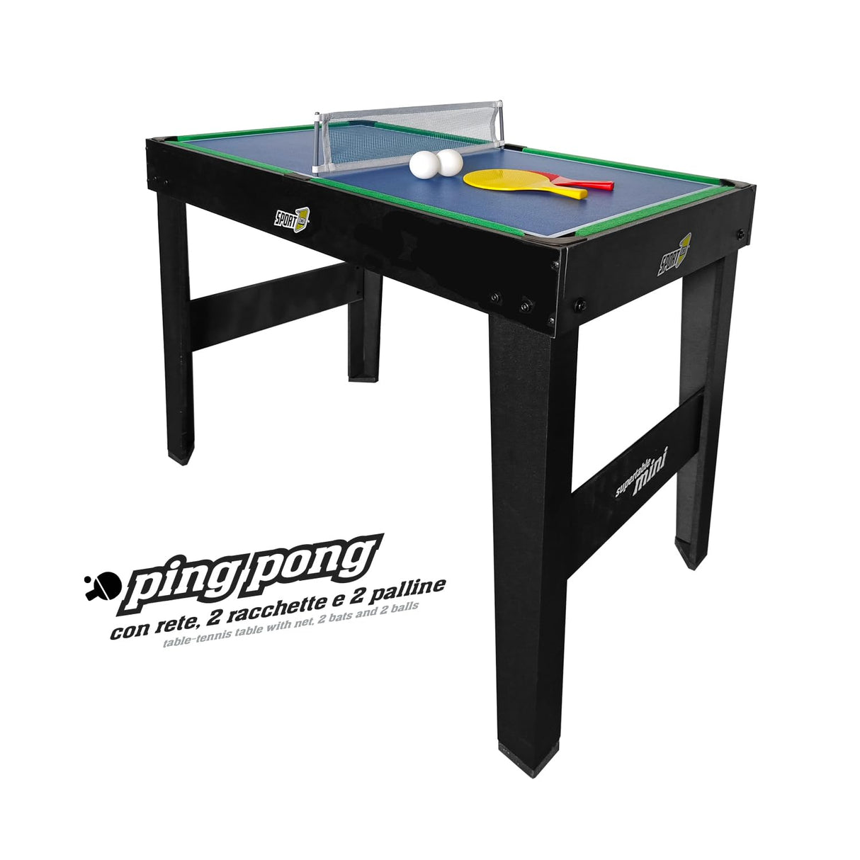 Sport1 Supertable Mini. Futsal multijuego 5 en 1. Futbolín Medidas 97,5 x 48 x 69 cm. Boletín Multiusos: 3 vs 3, Tenis de Mesa, Hockey, Billar, Curling. Incluye Accesorios.