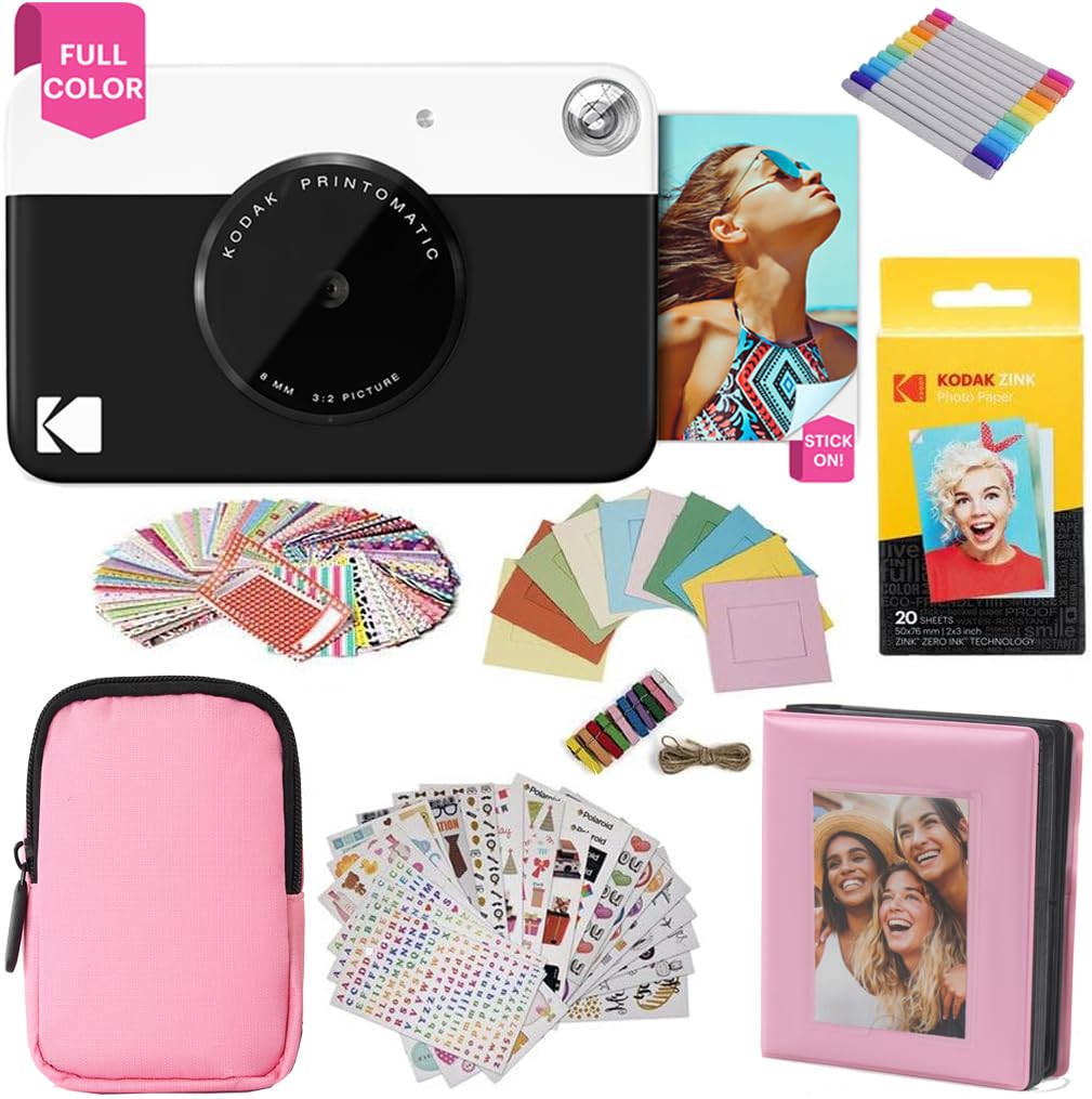 KODAK Printomatic cámara de impresión instantánea + Estuche Blando + Papel fotográfico Zink de 2 x 3 (Paquete de 20) + Álbum + Juegos de calcomanías + Marcos para calcomanías + Marcadores - Negro