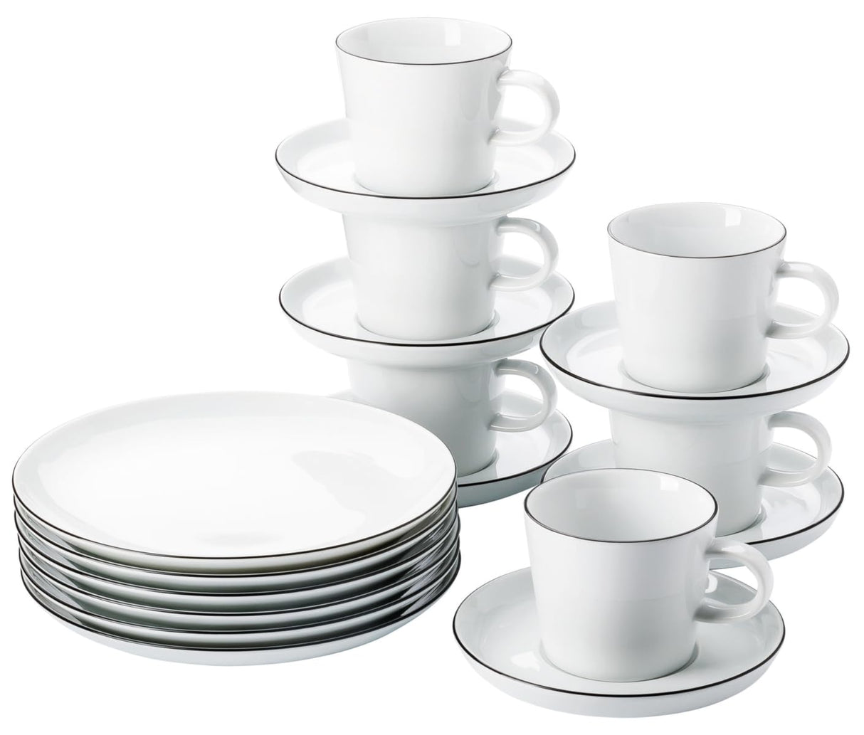 Thomas Cucina-Basic, Colori Black, blanco con borde negro, juego de 18 piezas, platos de desayuno, tazas y platillos, apto para lavavajillas y microondas, diseño sencillo, estético y funcional