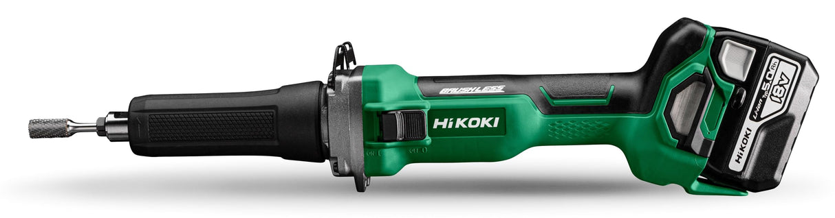 HiKOKI Akku Geradschleifer GP18DA (18V (2x 5,0 Ah) Li-ion Akku, Brushless Motor, Spannzange Ø: 6 mm, Schleifstifte Ø max.: 50 mm, Leerlaufdrehzahl: 7000-29000 min-1) Zubehör im Transportkoffer.