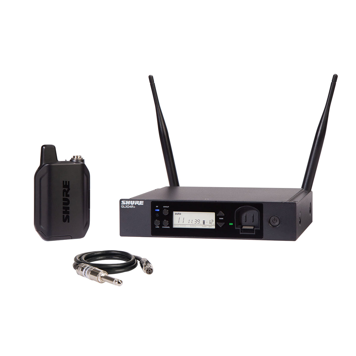 Sistema inalámbrico Shure GLXD14R+ para guitarra y bajo con batería de 12 horas y alcance de 30m. Incluye cable de instrumento y receptor de montaje en rack.