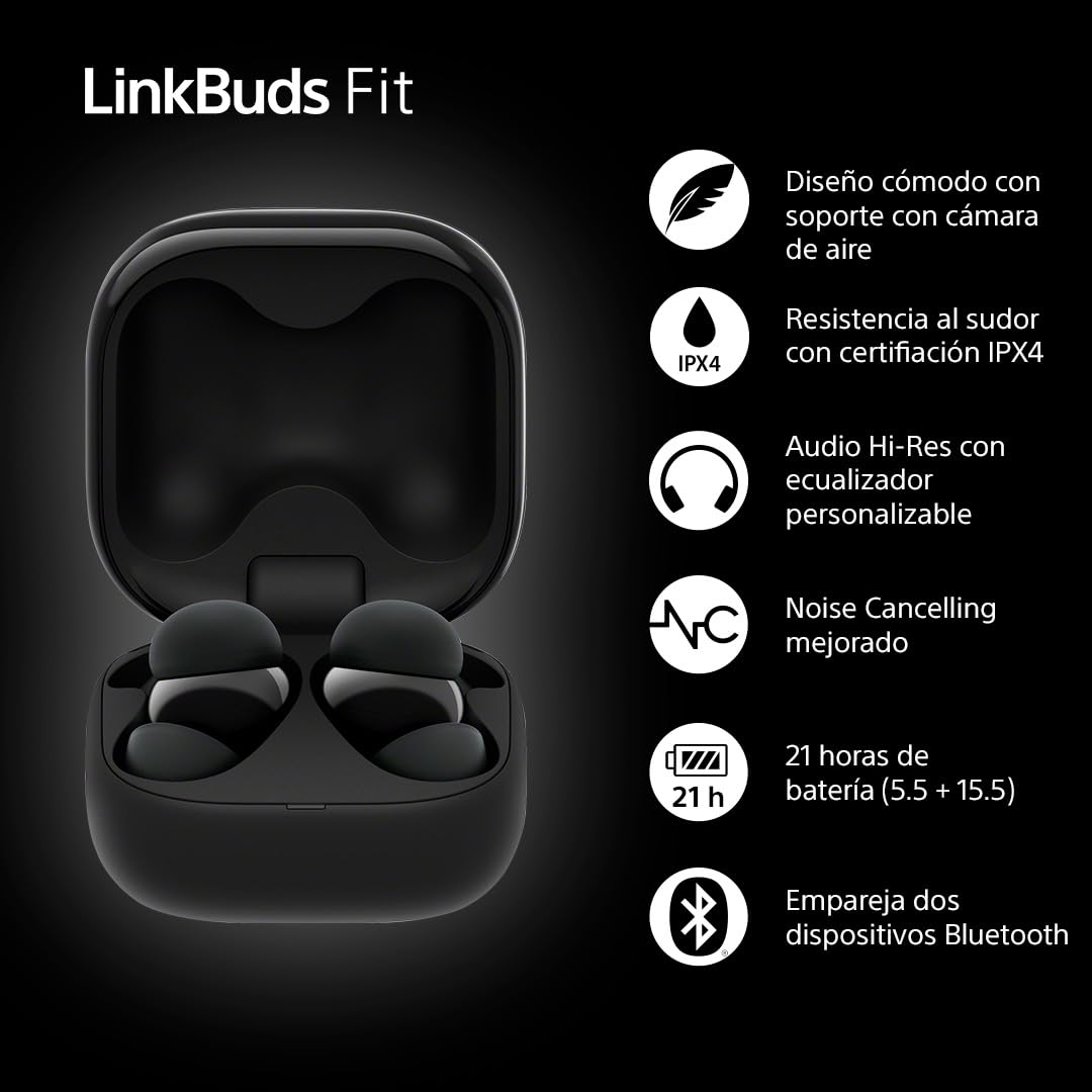 Sony LinkBuds Fit – Auriculares Bluetooth True Wireless con Noise Cancelling - Cómodos Todo el día, IPX4, Hi-Res Audio, Ambient Sound Mode, 21 h autonomía, conexión multipunto, iOS y Android - Negro