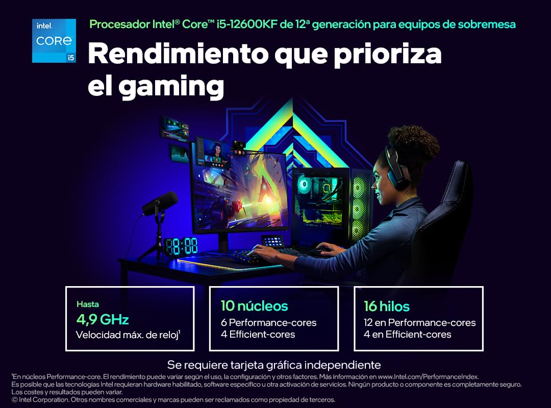 Intel® Core™ i5-12600KF, procesador para Equipos de sobremesa, 10 núcleos (6 P+4 E), hasta 4,9 GHz, Desbloqueado, LGA1700, chipset Serie 600, 125 W
