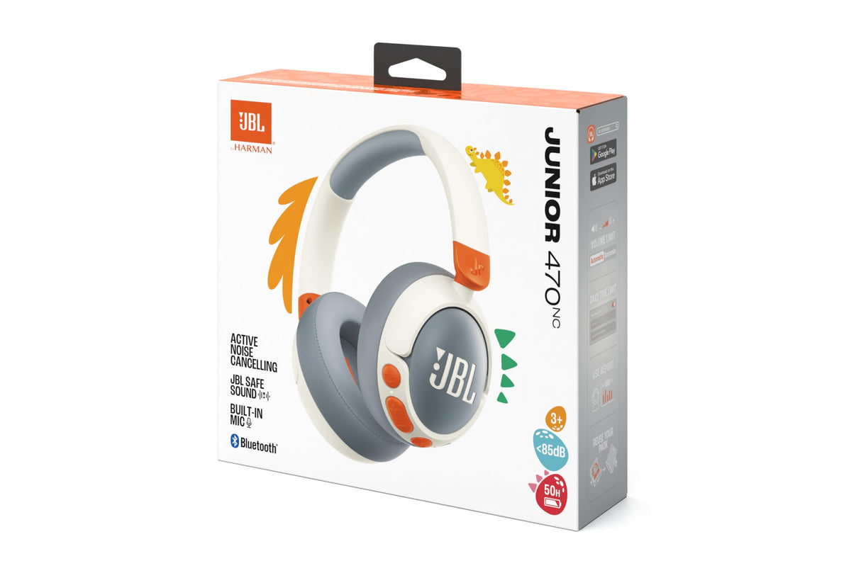 JBL Junior 470 NC, Auriculares supraaurales e inalámbricos para niños, Bluetooth, cancelación Activa de Ruido, volúmen hasta 85 dB, 50 hrs de batería, Set de Pegatinas, Plegables, Blanco
