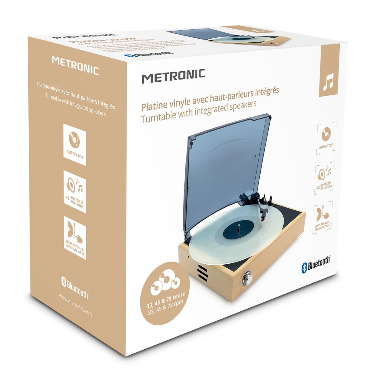 Metronic 477360 - Tocadiscos de vinilo bluetooth, acabado madera, reproductor de vinilo y reproductor de musica, 2 altavoces incorporados, sonido estéreo 2x3W, brazo manual, función auto-stop