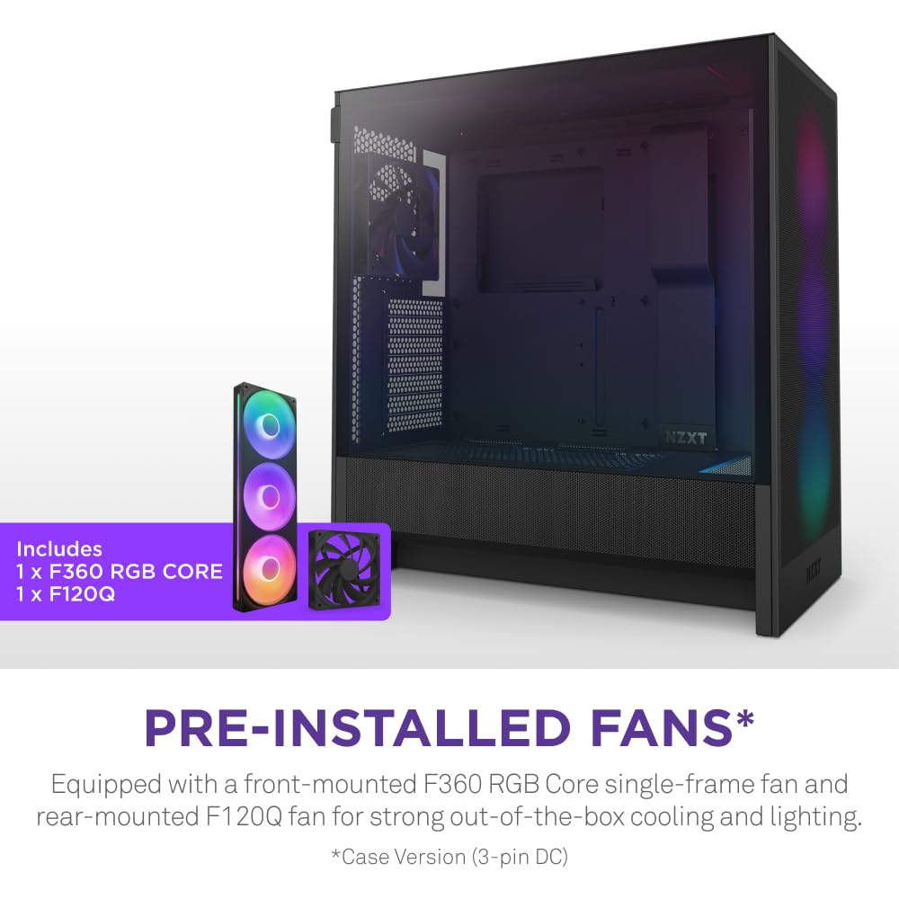 NZXT H5 Flow RGB - Caja compacta ATX Mid-Tower para PC Gaming - Alto Flujo de Aire - Ventilador F360 RGB Core (CV) Incluido - Soporte de radiador Frontal de 360mm y Superior de 240mm - Negro