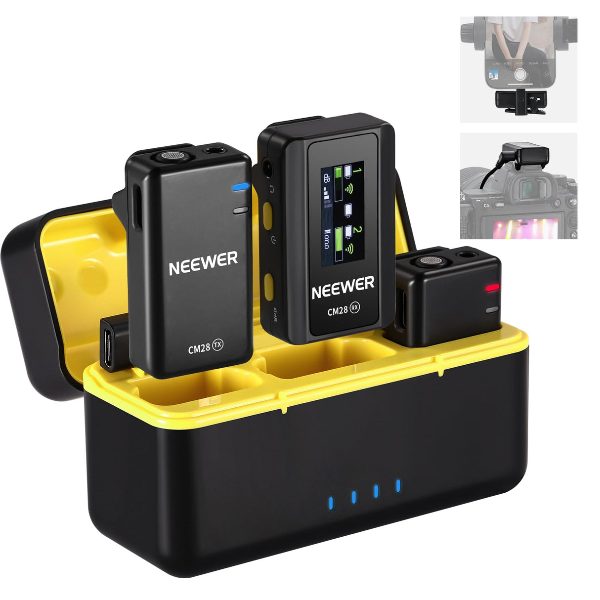 NEEWER CM28 Sistema Micrófono Lavalier Inalámbrico con Estuche Carga Cancelar Ruido 4GB Almacenamiento 9H Grabación 48KHz Audio 16 Bits Micrófono Solapa Compatible con iPhone iPad Android PC Cámara