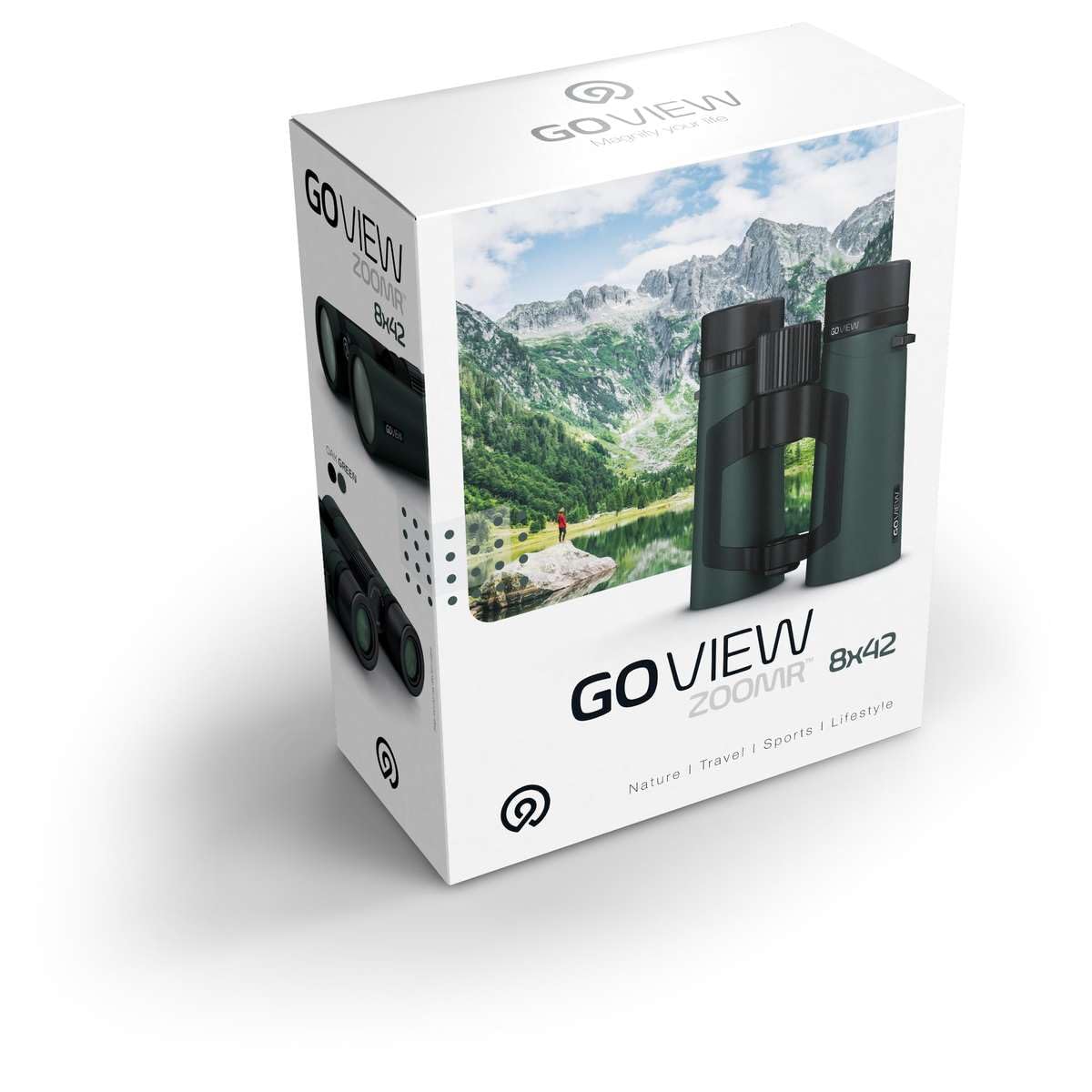 GoView ZOOMR 8x42 prismáticos para Actividades al Aire Libre, Naturaleza, observación de Vida Salvaje, Viajes (Zoom de 8 aumentos, Gran Campo de visión, Incluye Set de Accesorios) Oak Verde