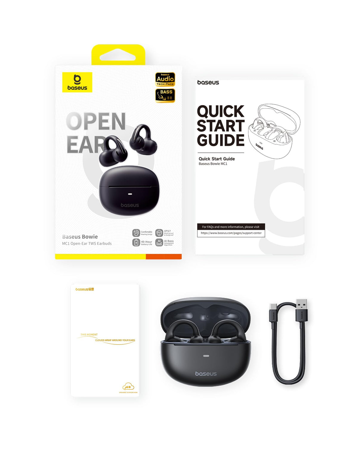 Baseus MC1 Auriculares Abiertos, Auriculares Bluetooth con Clip & 40H de Autonomía, Calidad de Sonido HiFi Bass Ai, Cómodos & Ligeros (5,2 g), Clip con Protección IP57 contra el Polvo & el Agua