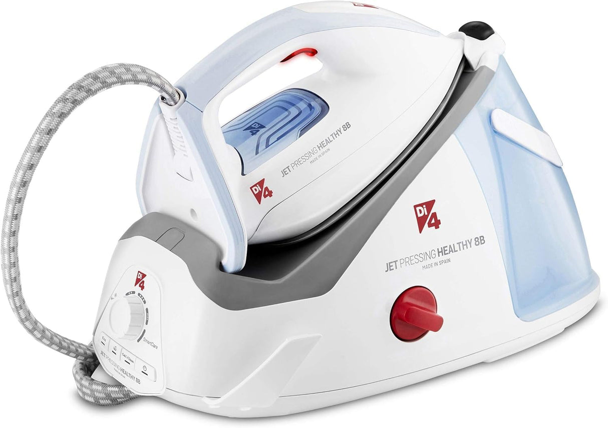 DI4 Centro de Planchado Jet Pressing Healthy 8B, 2600W, Golpe de Vapor 700gr, Vapor Continuo 150gr/min, Elimina 99,99% de Virus y Bacterias, Tecnología SmartCare, Suela 4D PROslide, Blanco