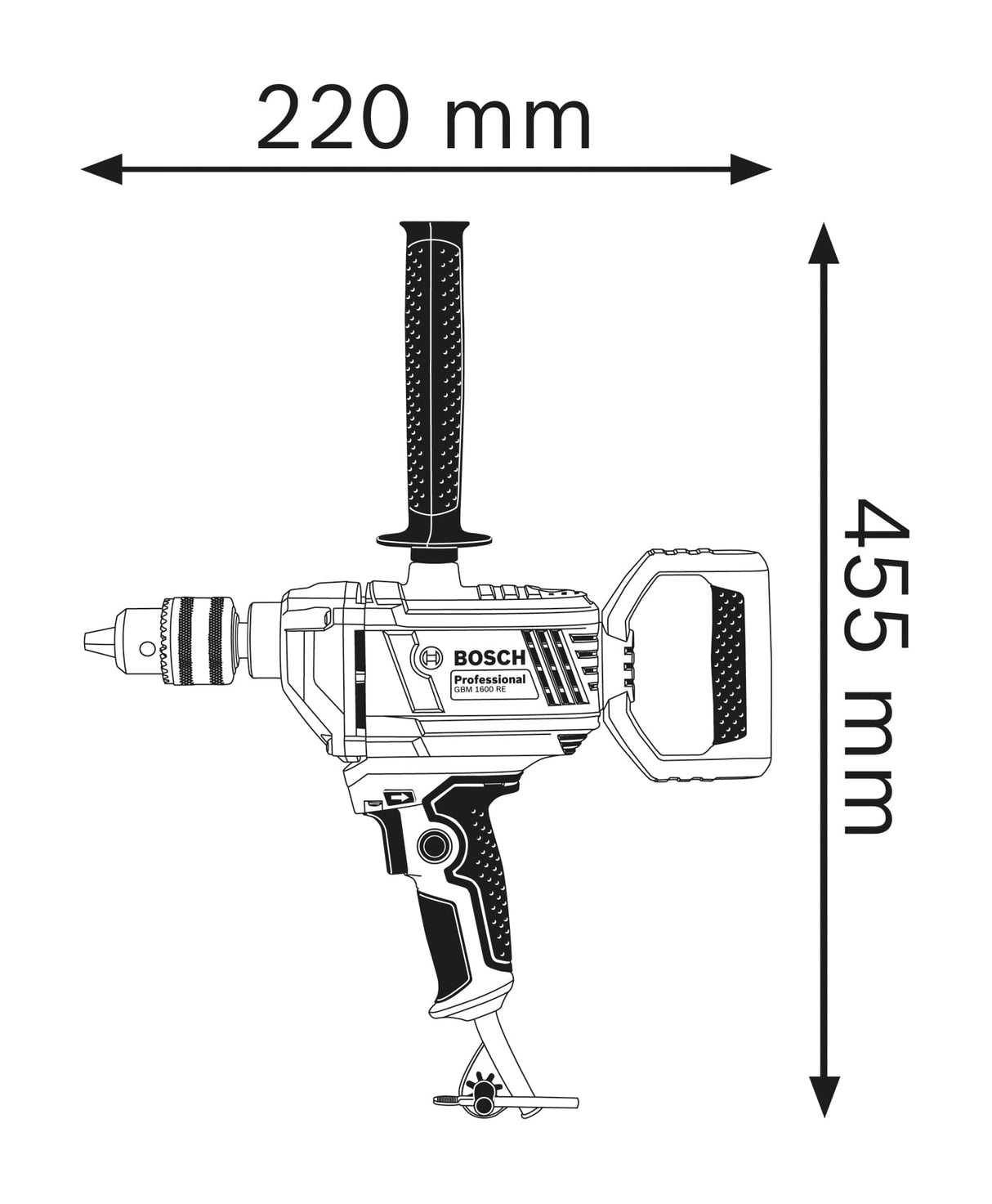 Bosch Professional GBM 1600 RE - Taladro sin percusión (850 W, Ø max perforación acero 16 mm, empuñadura giratoria 360°, en caja)