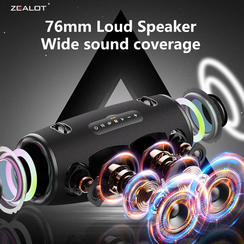 Zealot Altavoz Bluetooth Grande 80W de Potencia con Luz LED, Altavoces Inalámbricos 16000mah Batería, Autonomía de 40 Horas, Puerto de AUX, USB, Tarjeta TF, Bluetooth 5.2, IP67 Impermeable, Negro
