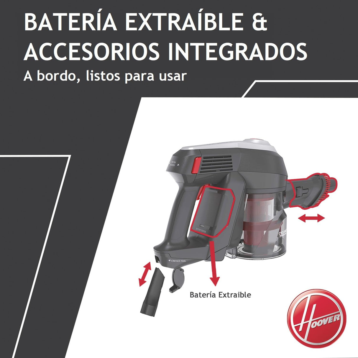 Hoover H-FREE 100 ESPECIAL MASCOTAS HF122GPT Aspiradora Escoba sin Cable, sin Bolsa, 3 en 1: Escoba, de Mano y Vertical, Cepillo Mascotas y Tapicerías, Autonomía 40min, Posición Parking, 6500Pa