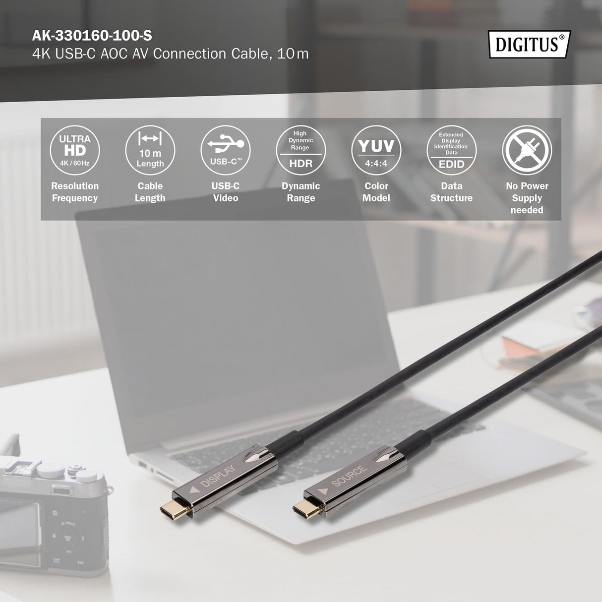 DIGITUS USB-C AOC Cable de conexión AV de fibra óptica híbrida - USB 3.1 - Displayport 1.2 - DP Alt-Mode - Plug&Play - Cable de audio/vídeo - 10m - negro
