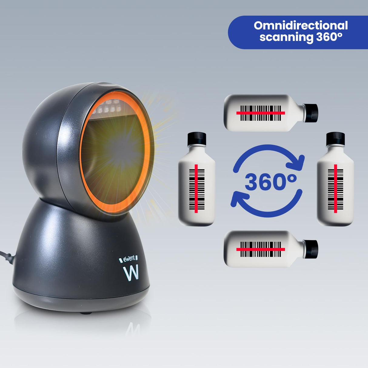 Ewent EW3450 Lector de códigos de Barras QR 1D 2D omnidireccional con Cable USB, Manos Libres, escaneo automático con detección de imágenes. Comercios, almacenes, supermecados.etc