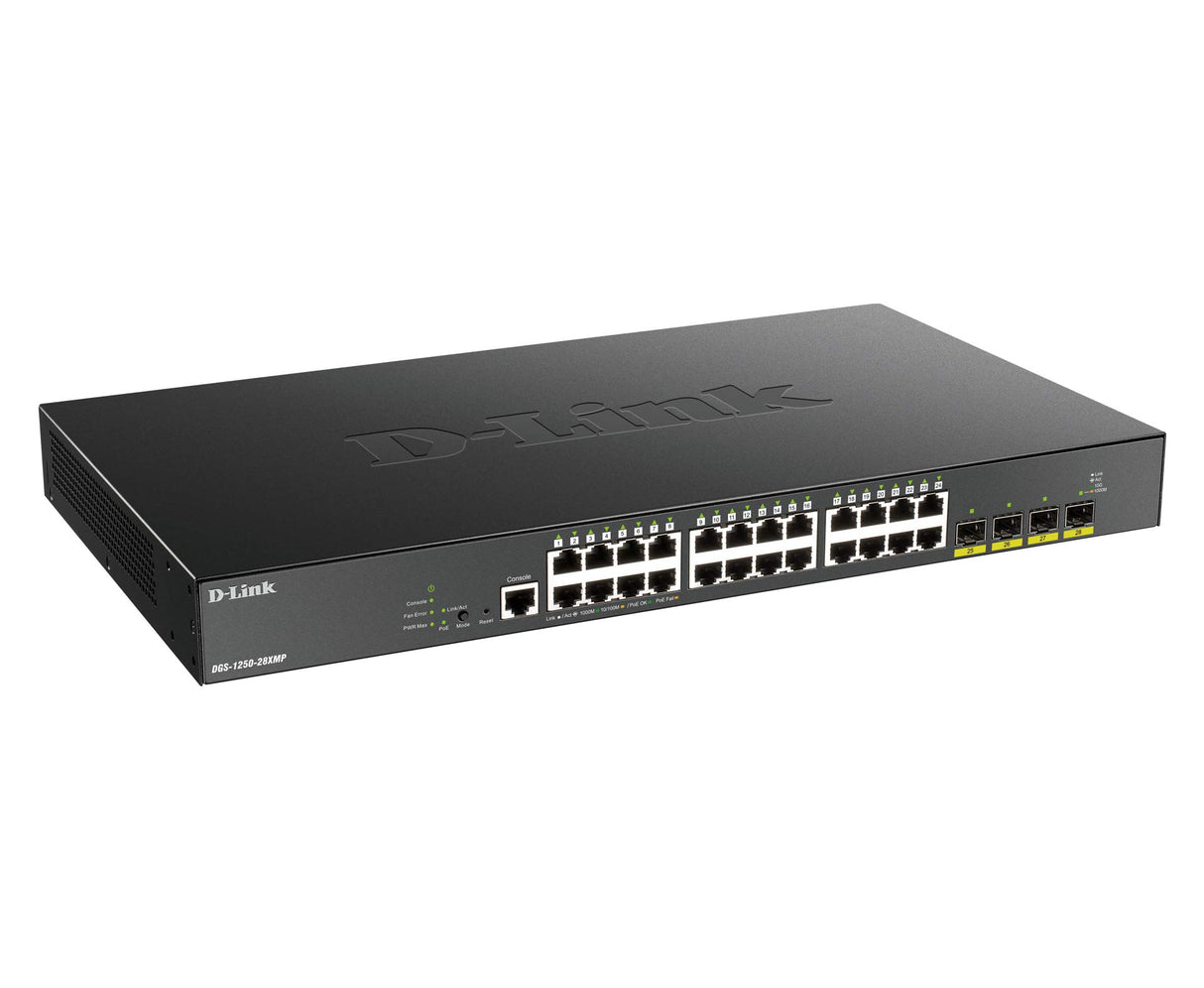 D-Link DGS-1250-28XMP - Switch 28 puertos PoE Gigabit Gestionable con UpLink a 10Gbps, Layer 2 y Layer 3 Lite (24x 10/100/1000BASE-T PoE, 4x 10G uplink SFP+ y 1x consola RJ-45), Negro