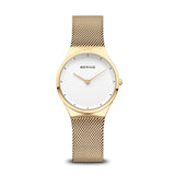 BERING 12131-339 Reloj de cuarzo para mujer con caja de acero inoxidable de 31 mm con acabado dorado y esfera blanca, correa milanesa, cristal de zafiro y resistencia al agua de 3 ATM