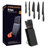 Fiskars Bloque de cuchillos con 5 cuchillos, Ancho: 15,5 cm, Alto: 37 cm, Madera de abedul, Negro, Edge, 1003099