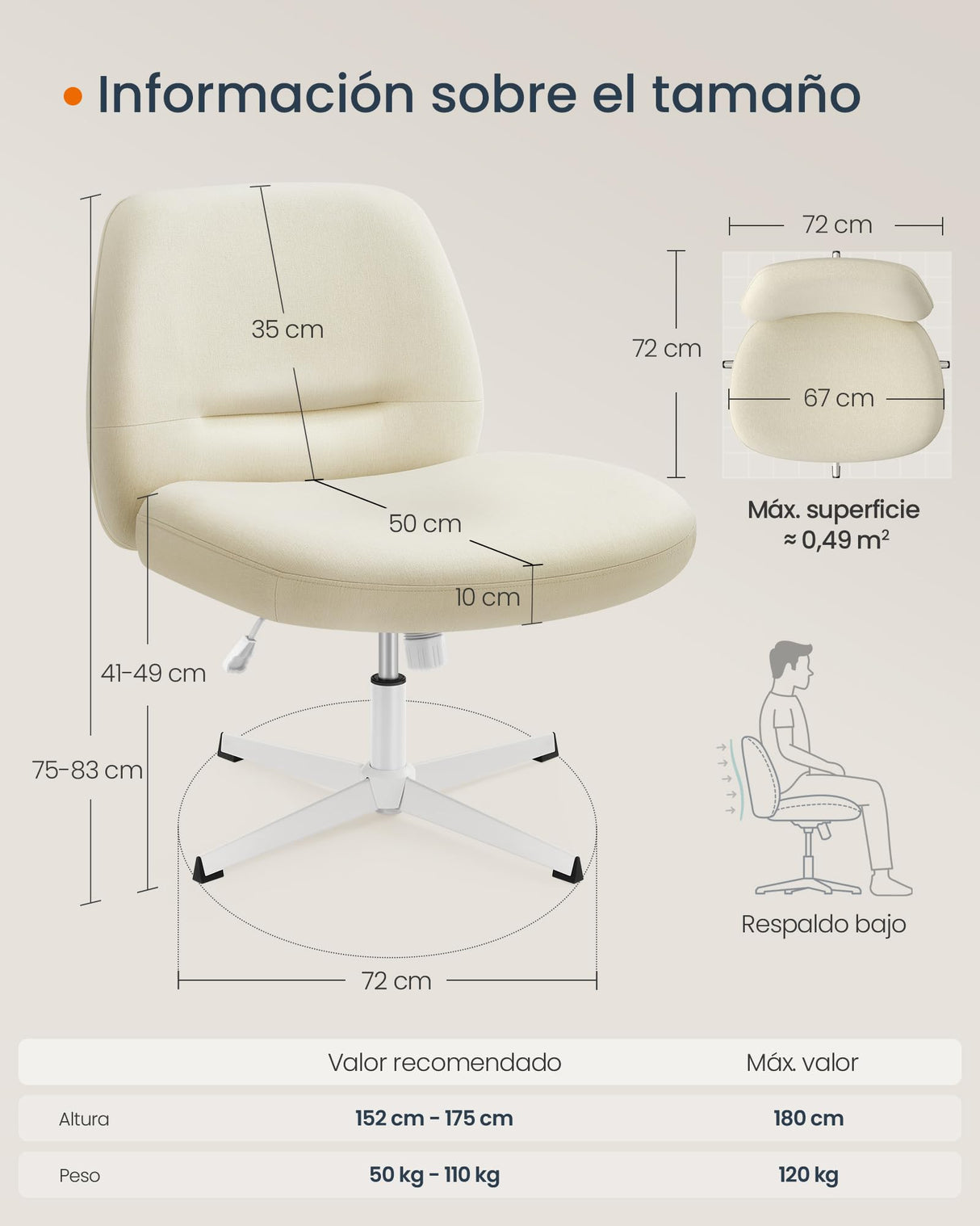SONGMICS HOME Silla de Oficina, Estilo Contemporáneo con Base en Cruz, Asiento Ancho y Cómodo, Altura Ajustable, Silla Giratoria, Tela de Lino de Algodón, Blanco Crema OBG046W01