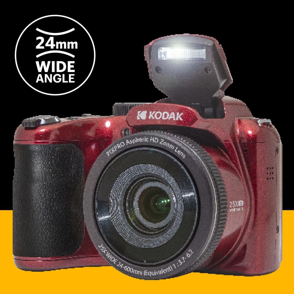 KODAK Pixpro Astro Zoom AZ255 - Cámara Digital Bridge 16 MP, Zoom Optico 25X, Video HD 1080p, Gran Angular 24 mm, Estabilizador Optico de Imagen, Pantalla LCD 3", Pilas AA - Rojo