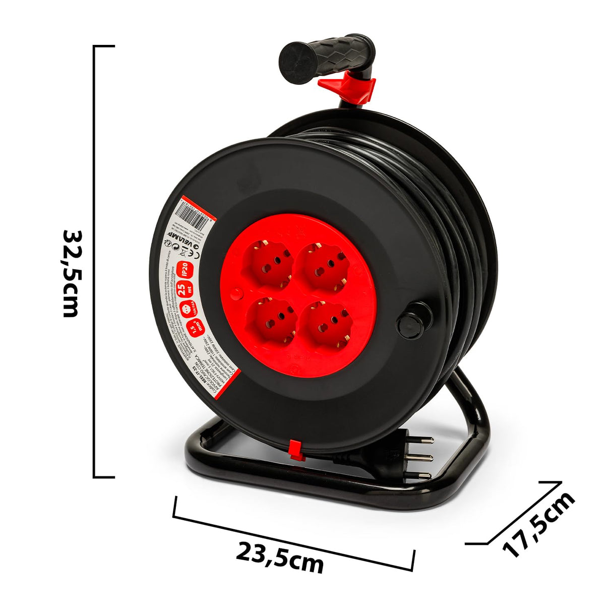Velamp Alargador eléctrico con enrollacables 50 m – 4 tomas polivalentes (Schuko + 10/16 A) – Enchufe grande 16 A – Interruptor de protección – Cable eléctrico multipolar 3G sección 1,5 mm²