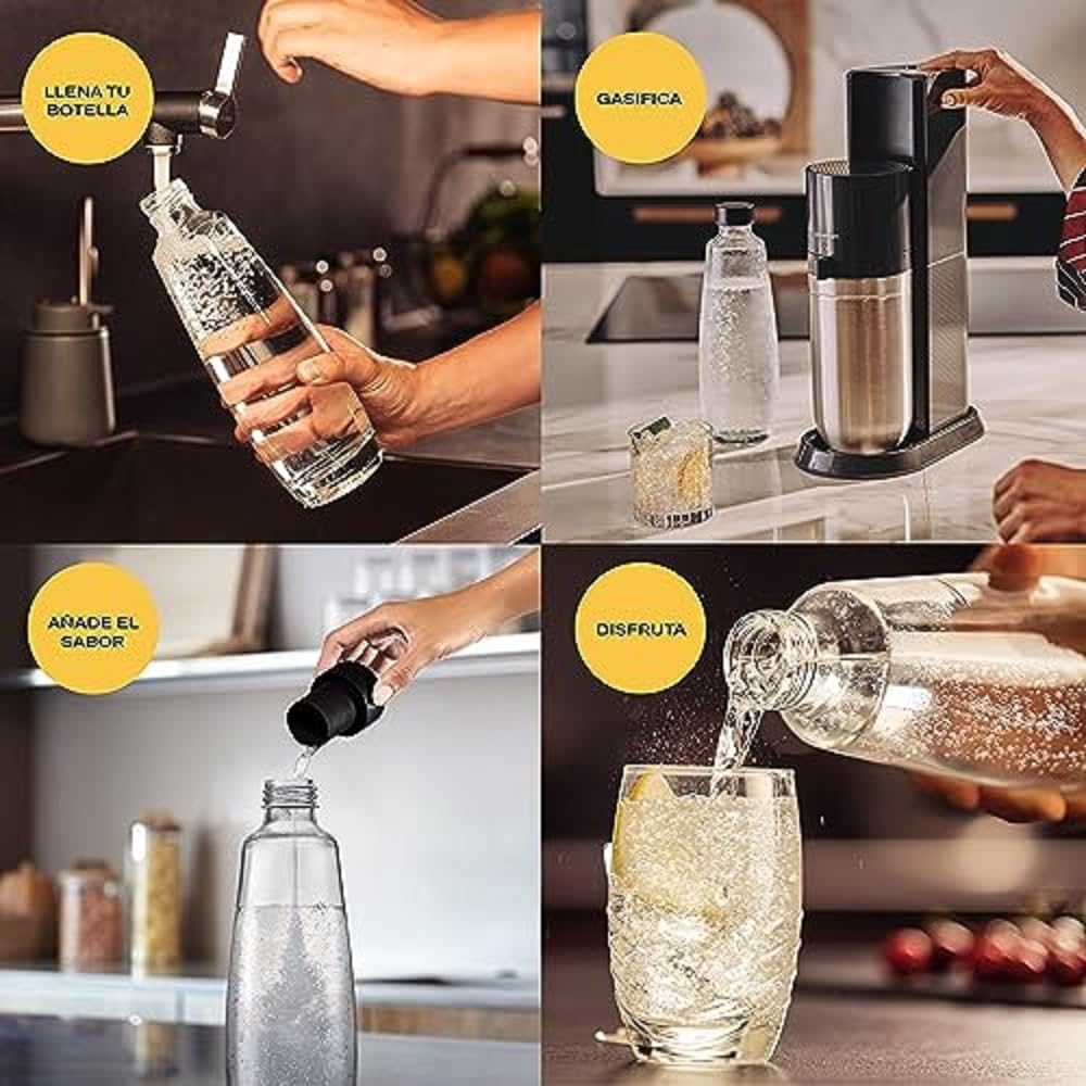 SodaStream Duo Pack - Máquina Gasificadora de Agua Color Negro con 2 Botellas Fuse de 1L 2 Botellas Fuse Glass de Cristal de 1L y 1 Cilindro de Gas Color Rosa, para Preparar hasta 60L de Agua con Gas
