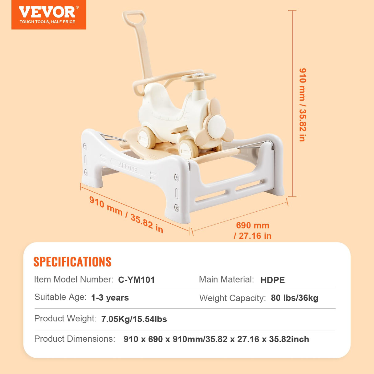 VEVOR Caballo Balancín 5 en 1 para Niños de 1 a 3 Años, Caballo Balancín para Bebé con Trampolín, Tabla de Equilibrio Desmontable, Manija de Empuje y 4 Ruedas Lisas, para Niños de 36 kg, Blanco
