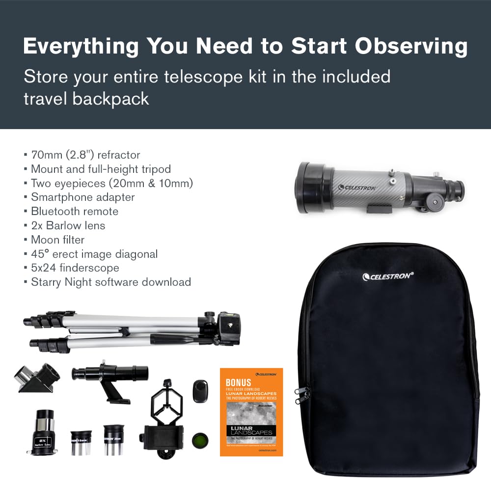 Celestron 22035 Travel Scope DX 70mm: telescopio Refractor portátil con óptica de Vidrio Completamente Revestido, Mochila, Paquete de Software de astronomía y Adaptador de Smartphone para digiscoping