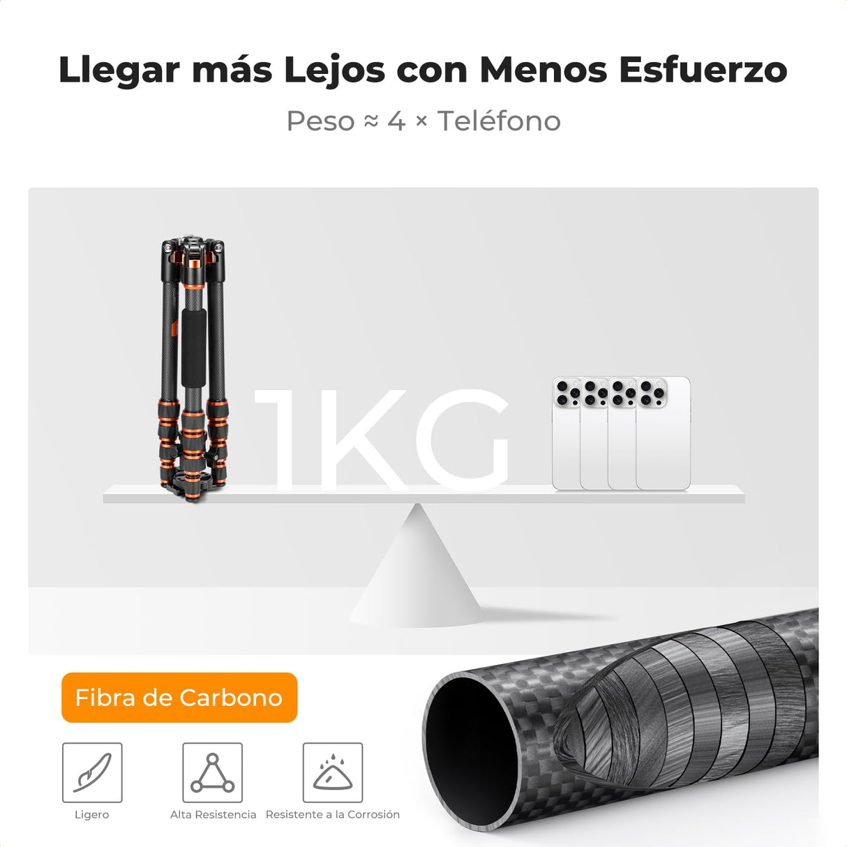K&F CONCEPT Trípode de Cámara Carbono de Viaje Ligero, Trípode Fotografía Compacto con Monopié, 360° Rótula de Bola y Placa de Liberación para Cámara DSLR A225C0+BH-25L