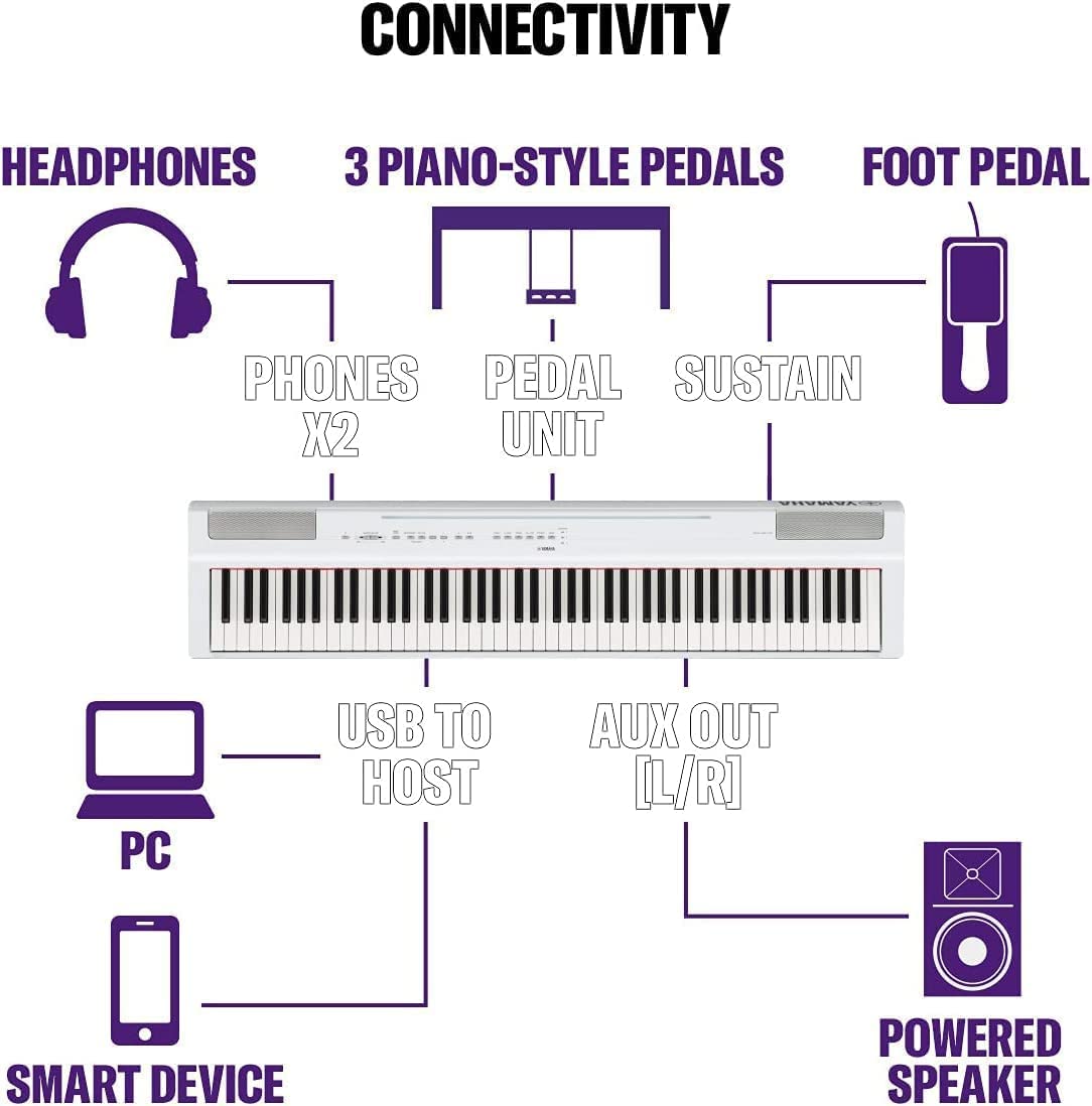 Yamaha P-125a - Piano digital portátil esbelto, dinámico y potente, combinado con la tecnología más vanguardista, color blanco