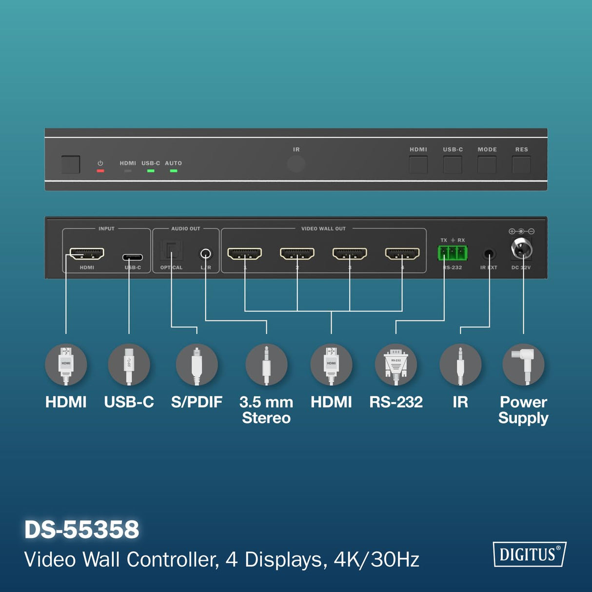 DIGITUS DS-55358 – Controlador de videowall HDMI – Señal de Entrada UHD 4k 60 Hz a través de HDMI 2.0 o USB-C – Salida 4k 30 Hz – Modos de visualización 1x1, 2x1, 3x1, 4x1, 1x2, 1x3, 1x4, 2x2