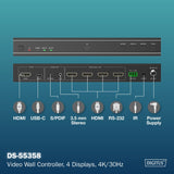 DIGITUS DS-55358 – Controlador de videowall HDMI – Señal de Entrada UHD 4k 60 Hz a través de HDMI 2.0 o USB-C – Salida 4k 30 Hz – Modos de visualización 1x1, 2x1, 3x1, 4x1, 1x2, 1x3, 1x4, 2x2