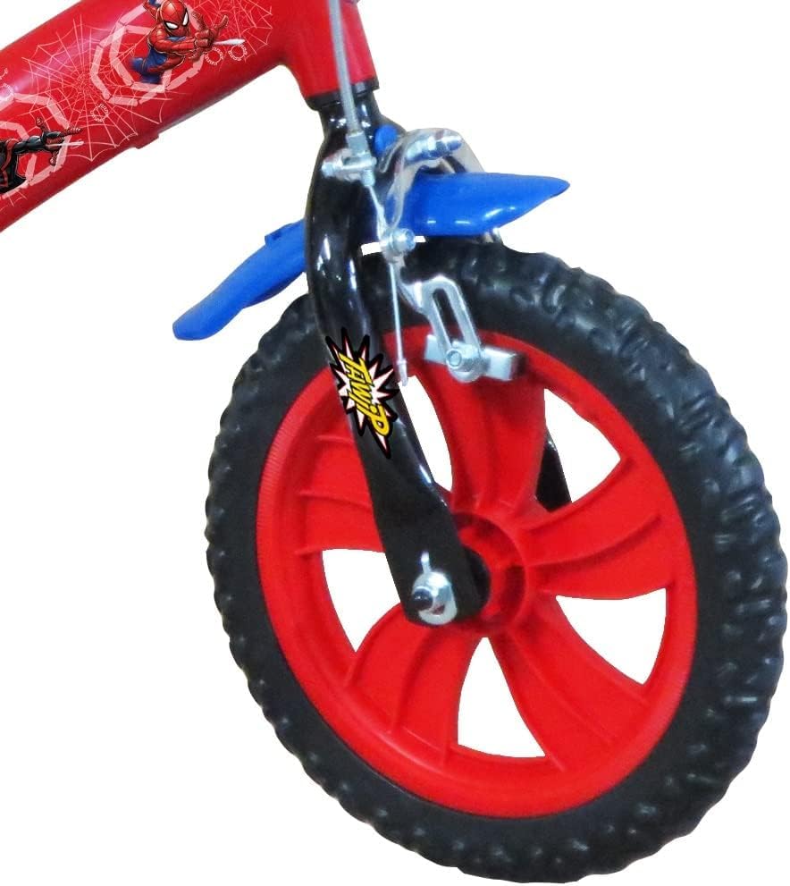 A.T.L.A.S. Bicicleta de 12 Pulgadas Equipada con 2 Frenos, Placa Frontal Decorativa, Guardabarros, cárter, estabilizadores y Casco Spiderman Incluido Delantera, Niños, Rojo idéntico a Las Fotos, 12''