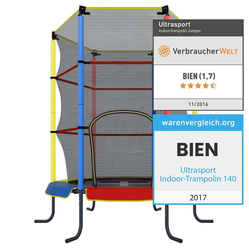 Headline - Ultrasport Happy Jump Cama Elastica Niños Exterior y Interior 140 cm hasta 50 kg con Red de Seguridad, Acolchado I Camas Elasticas, Trampolin, Colchoneta Elastica, Trampolines para Niños
