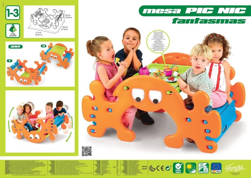 FEBER - Mesa de Picnic con Fantasmas, Balancín Convertible en Mesa de Picnic, Fácil Montaje, Capacidad para 4 Niños, Sin Accesorios, para Niños y Niñas a Partir de 1 año, Famosa (800010242)