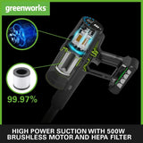 Greenworks GD24SVK4D Aspiradora sin Cable Lujosa, Succión Alta Potencia, Filtro HEPA, Pelo de Mascotas, Potencia 3 Niveles,Cargador de Pared, Garantía 3 Años