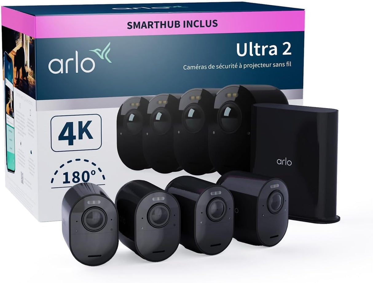 Arlo Ultra 2 Camara de Vigilancia WiFi Exterior 4K, Camara de Vigilancia WiFi Interior, Sensor de Movimiento, Alarmas Para Casa, Visión Nocturna Color, Prueba Arlo Secure Incluida , 4 Cámaras, Negras