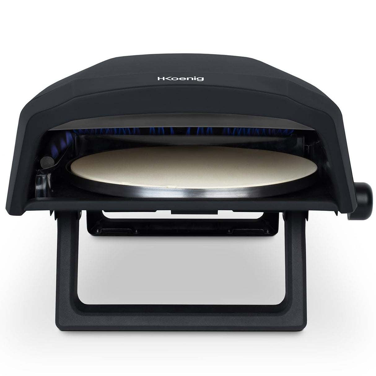 H.Koenig Horno de pizza a gas GINO640, acero inoxidable, 32 cm, superficie giratoria 360 grados, piedra Cordierite, hasta 500°C, pies plegables, pala para pizza y regulador
