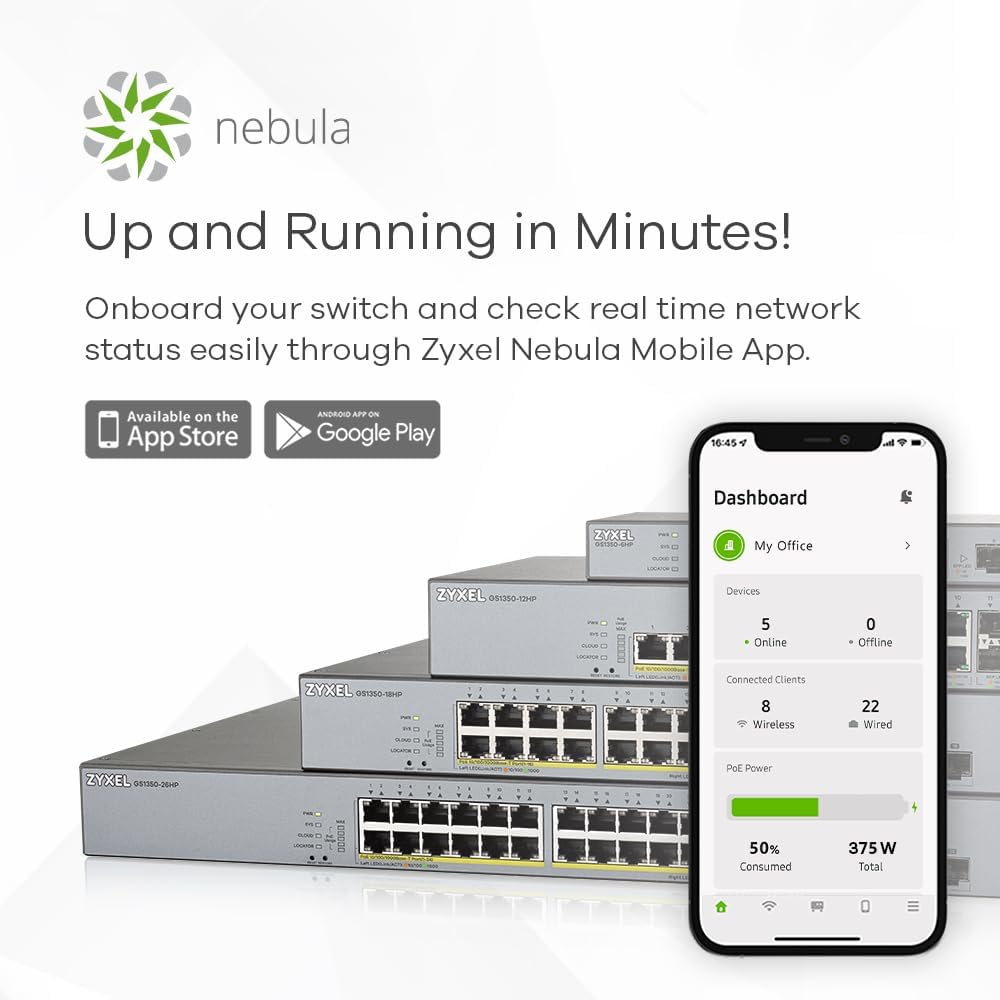 Zyxel 24-Port Gigabit PoE+ Switch | Smart Cloud Management | 375 Watt Power | 2 Combined Ports | Long Range [GS1350-26HP]