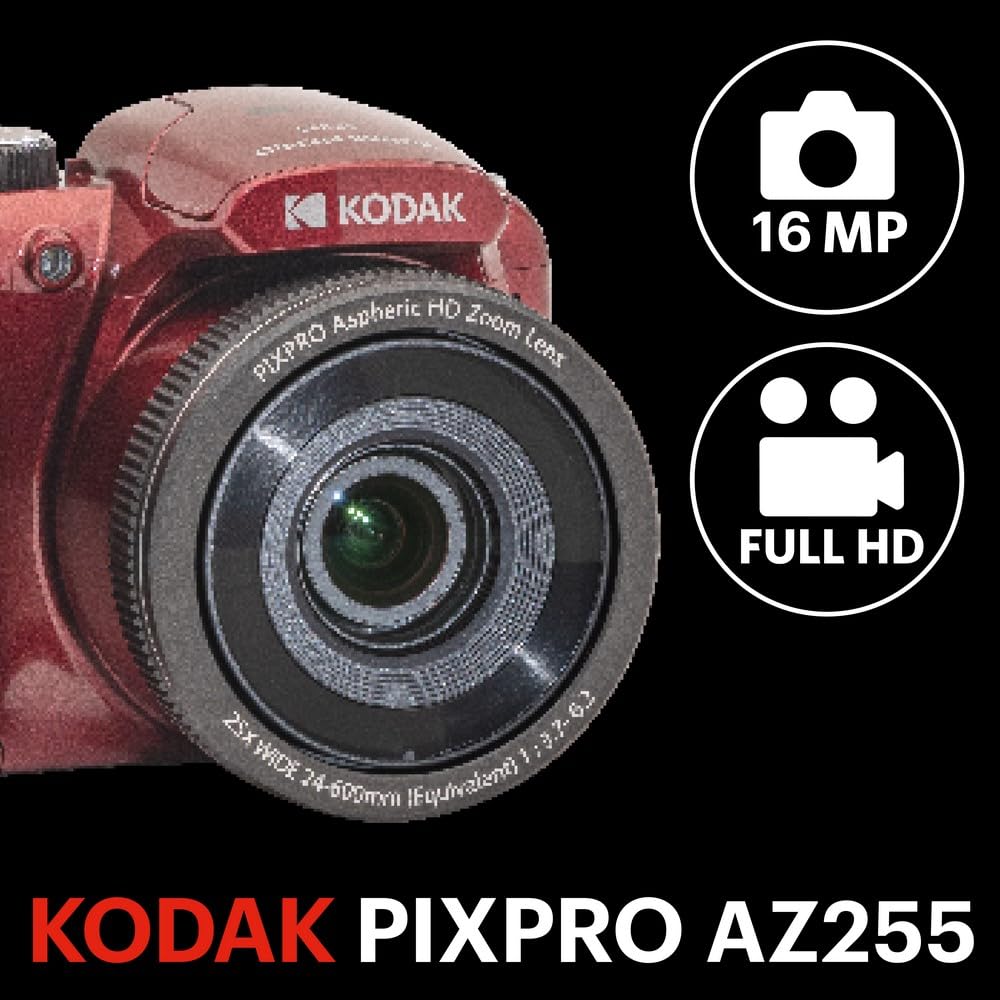 KODAK Pixpro Astro Zoom AZ255 - Cámara Digital Bridge 16 MP, Zoom Optico 25X, Video HD 1080p, Gran Angular 24 mm, Estabilizador Optico de Imagen, Pantalla LCD 3", Pilas AA - Rojo