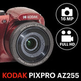 KODAK Pixpro Astro Zoom AZ255 - Cámara Digital Bridge 16 MP, Zoom Optico 25X, Video HD 1080p, Gran Angular 24 mm, Estabilizador Optico de Imagen, Pantalla LCD 3", Pilas AA - Rojo