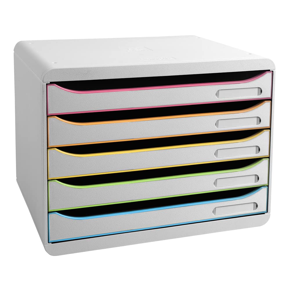 Exacompta - Ref. 308913D - BIG-BOX PLUS HORIZON - Caja de 5 cajones para documentos A4+ - Dimensiones exteriores: profundidad 27 x ancho 35,5 x altura 27,1 cm - Blanco/Arlequin/Blanco