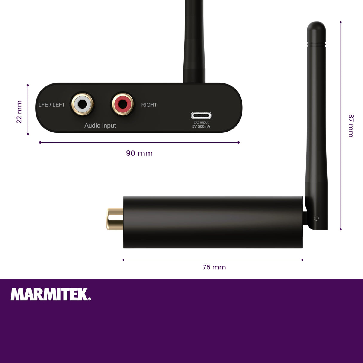 Marmitek Transmisor de Subwoofer Inalámbrico Subwoofer Anywhere 640 - Conecte su Subwoofer de forma Inalámbrica a su Sistema Estéreo - Conector de 3,5 mm - Transmisor de Audio Inalámbrico