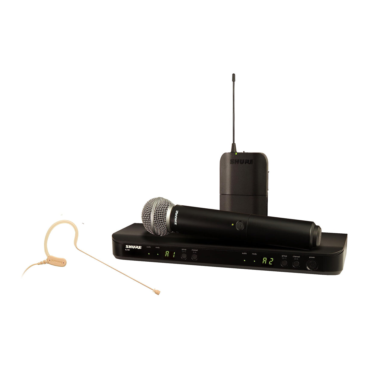 Shure Micrófono inalámbrico BLX1288/MX153 UHF - Adecuado para Iglesias, Karaoke - Batería de 14 Horas, Alcance de 100m - Incluye micrófonos de Mano y Diadema, Receptor de Doble Canal - Banda S8